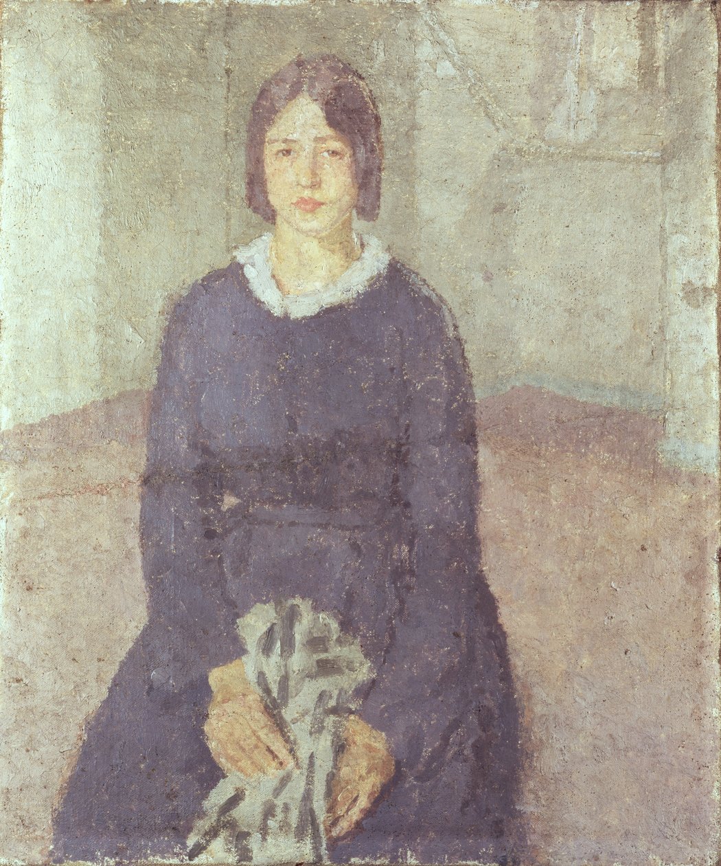 Fille en robe bleue tenant un morceau de couture - Gwen John