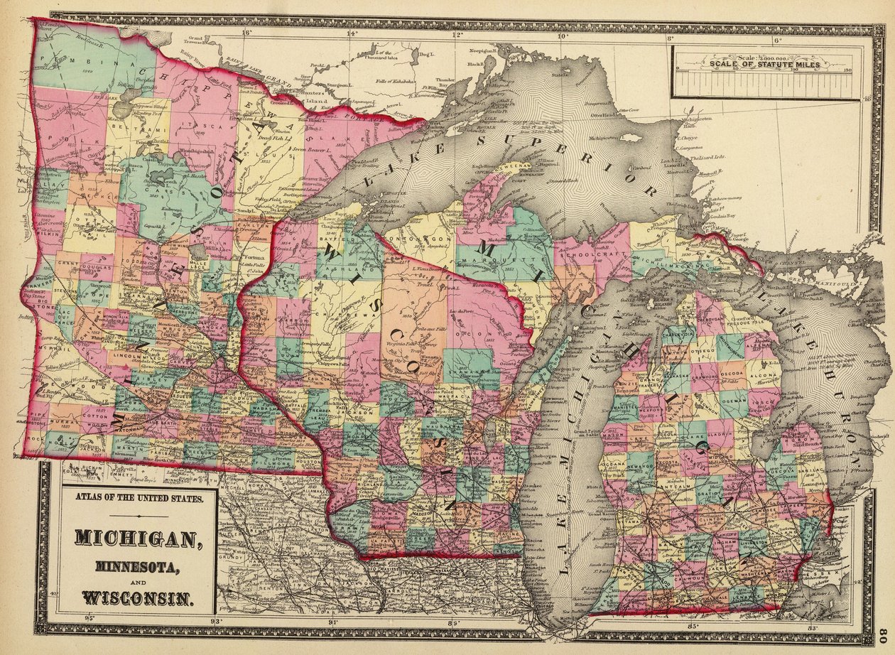 Carte de 1872 des états du Minnesota, Wisconsin et Michigan - H. F.; Gray Walling