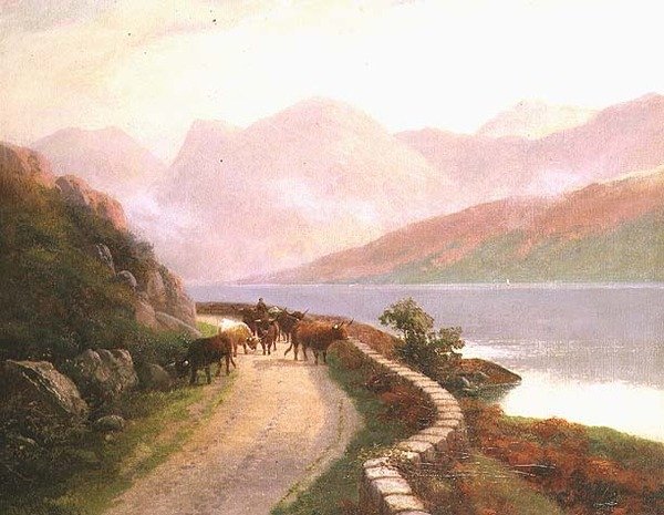 Conducteur de troupeau avec des vaches près du lac Buttermere, soir - H.R. Hall