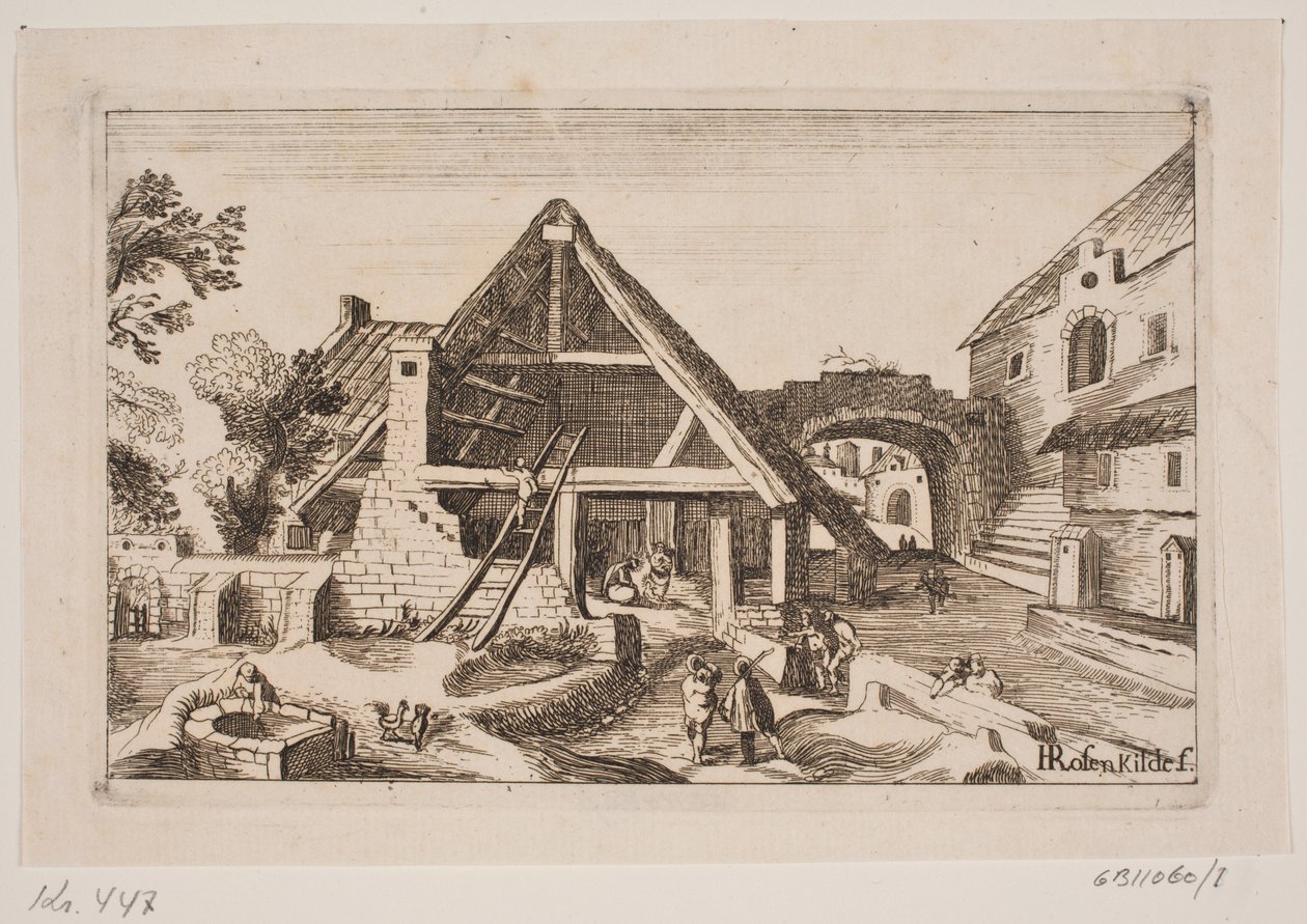 Intérieur de ville avec grange et naissance de Jésus - H. Rosenkilde