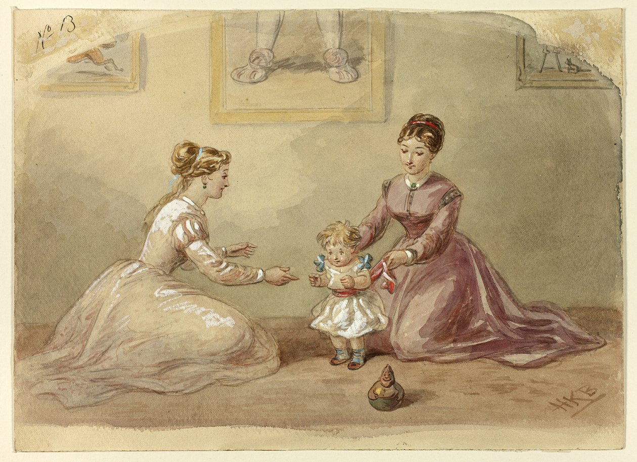 Dames encourageant un bébé à marcher - Hablot Knight Browne