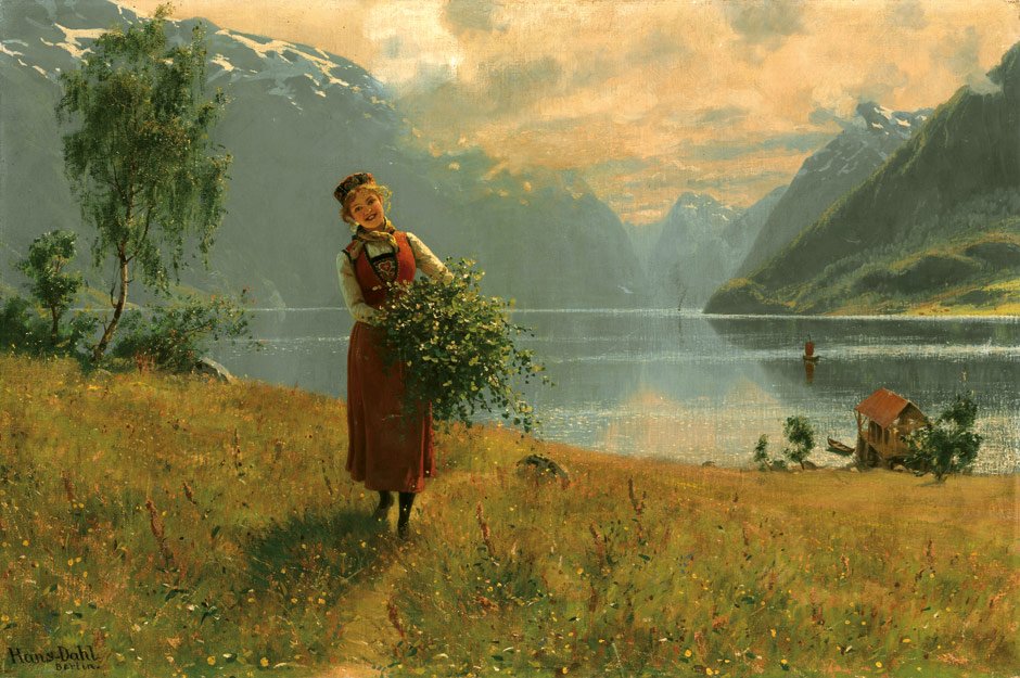 Jeune fille avec des branches de bouleau devant un fjord norvégien - Hans Dahl