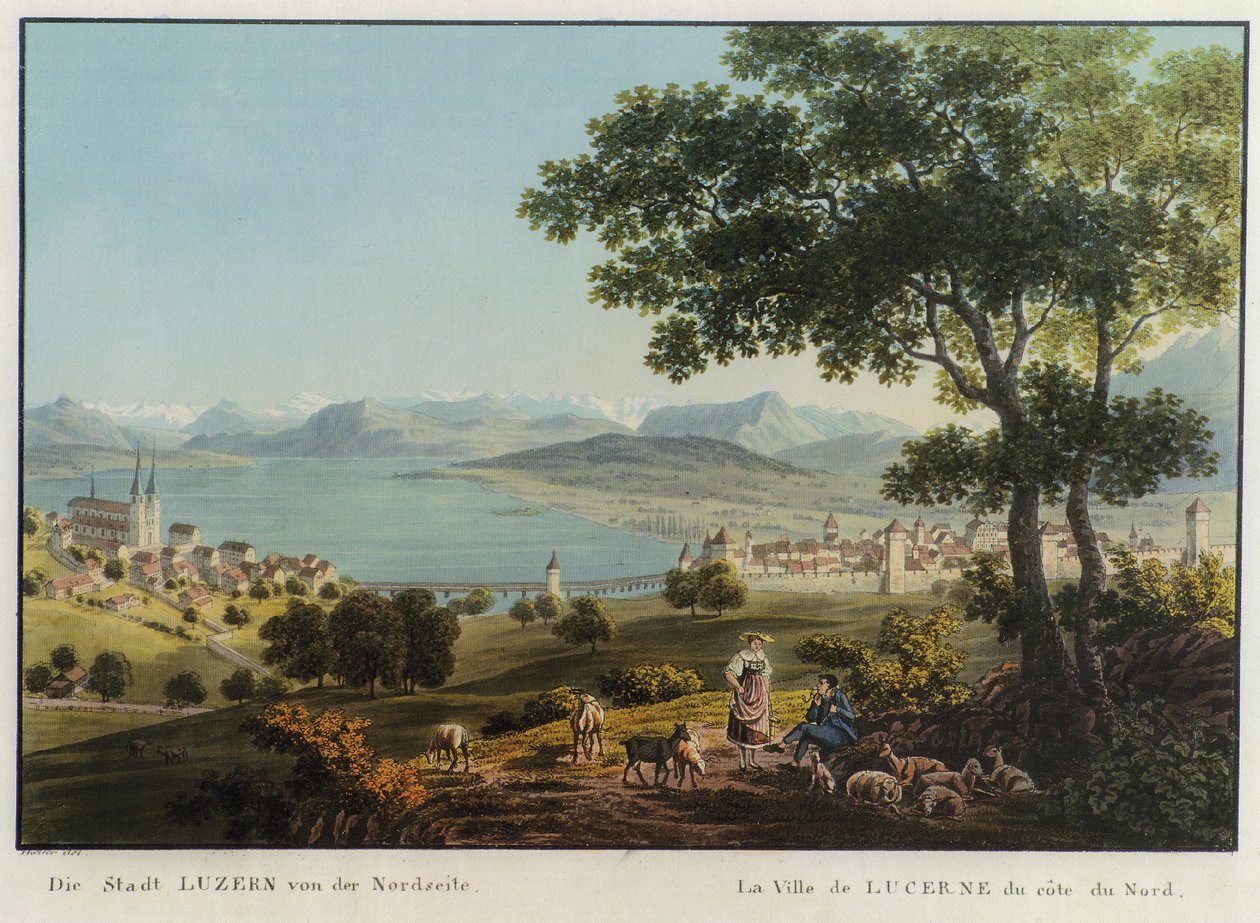 La ville de LUCERNE, vue du nord. Gravure en couleur par Hans Heinrich Keller vom Steinbock - Hans Heinrich Keller vom Steinbock