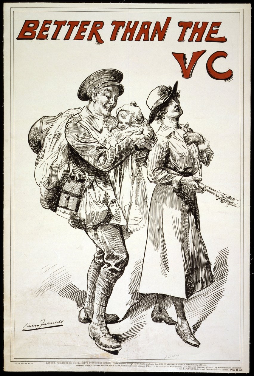 Mieux que la VC (Victoria Cross) - Affiche montrant un soldat tenant un bébé, suivant sa femme, 1918 - Harry Furniss