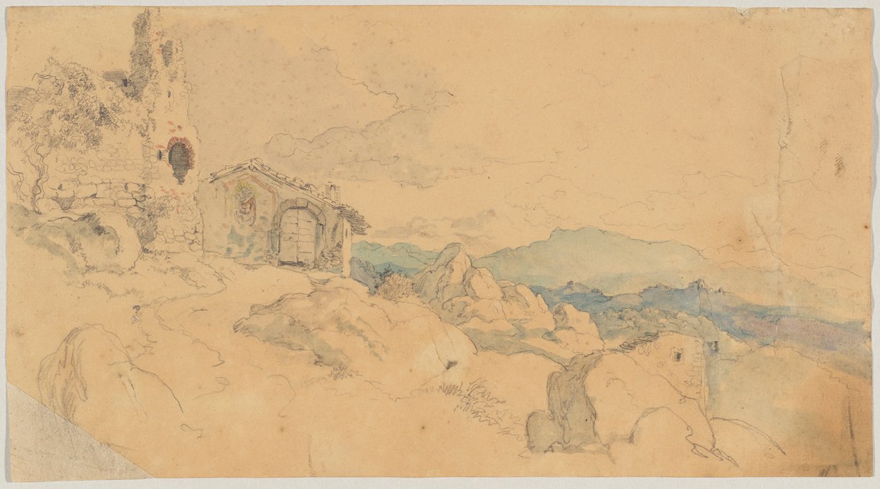 Paysage de montagne avec cabane et ruine - Heinrich Burkel