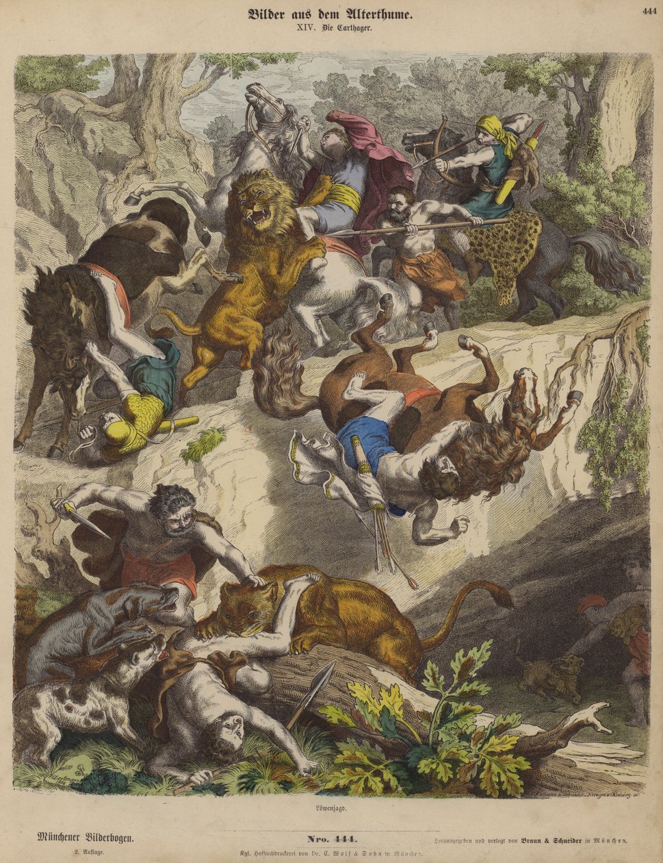 Chasse au lion carthaginoise (gravure en couleur) - Heinrich Leutemann