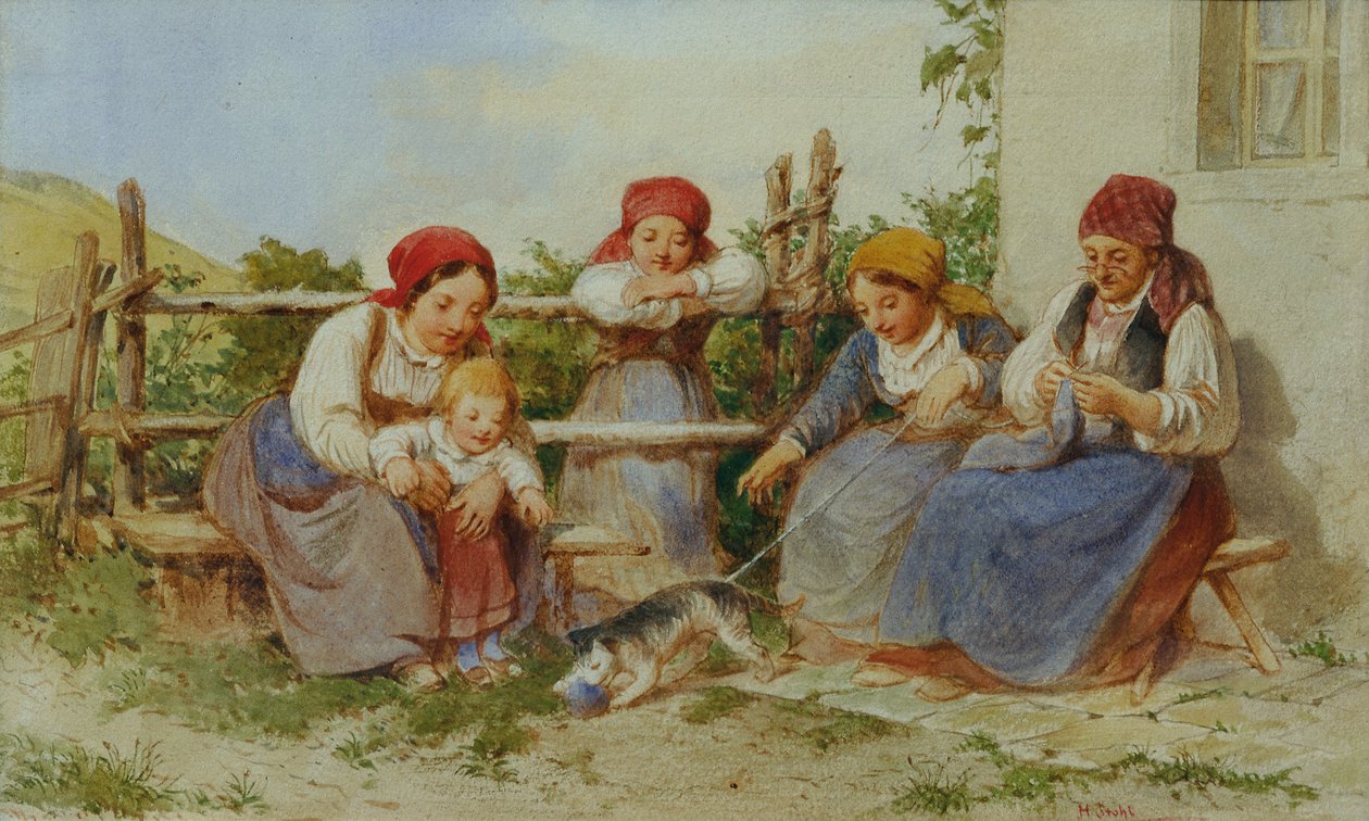 Femmes et enfants avec un chat jouant - Heinrich Stohl