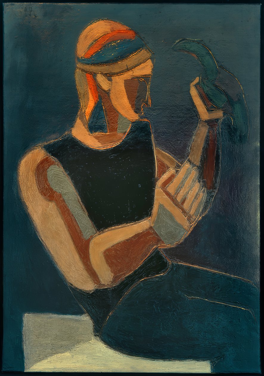 Homme assis avec un oiseau - Helmut Kolle