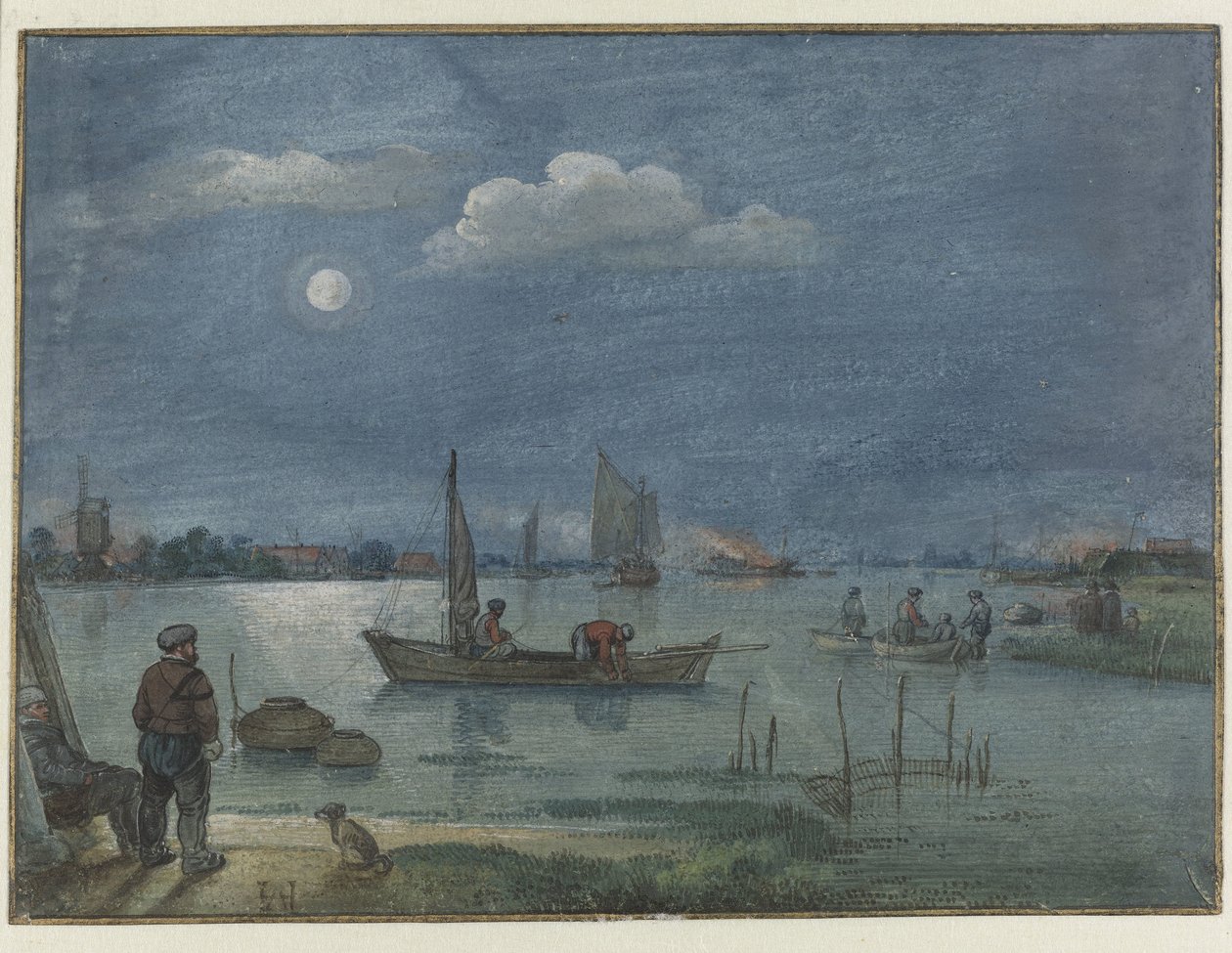 Paysage fluvial au clair de lune avec pêcheurs - Hendrick Avercamp