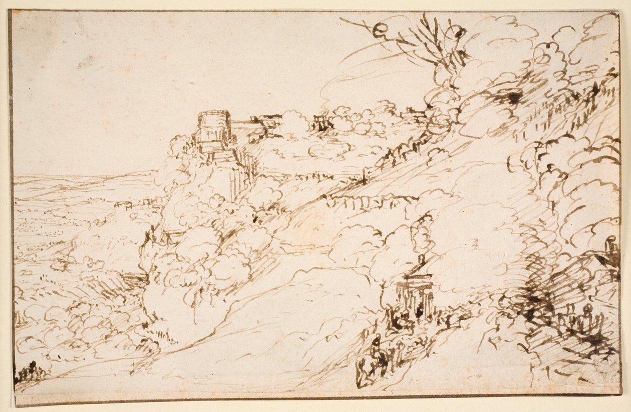 Paysage avec bâtiment semblable à un château sur un promontoire - Hendrick Goudt
