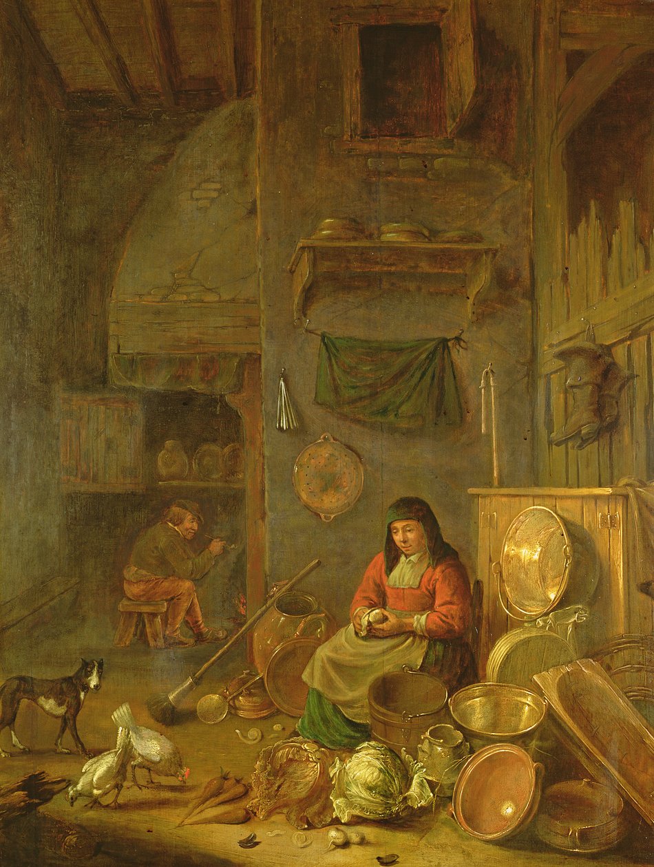 Intérieur de cuisine avec une femme épluchant des pommes de terre à côté d
