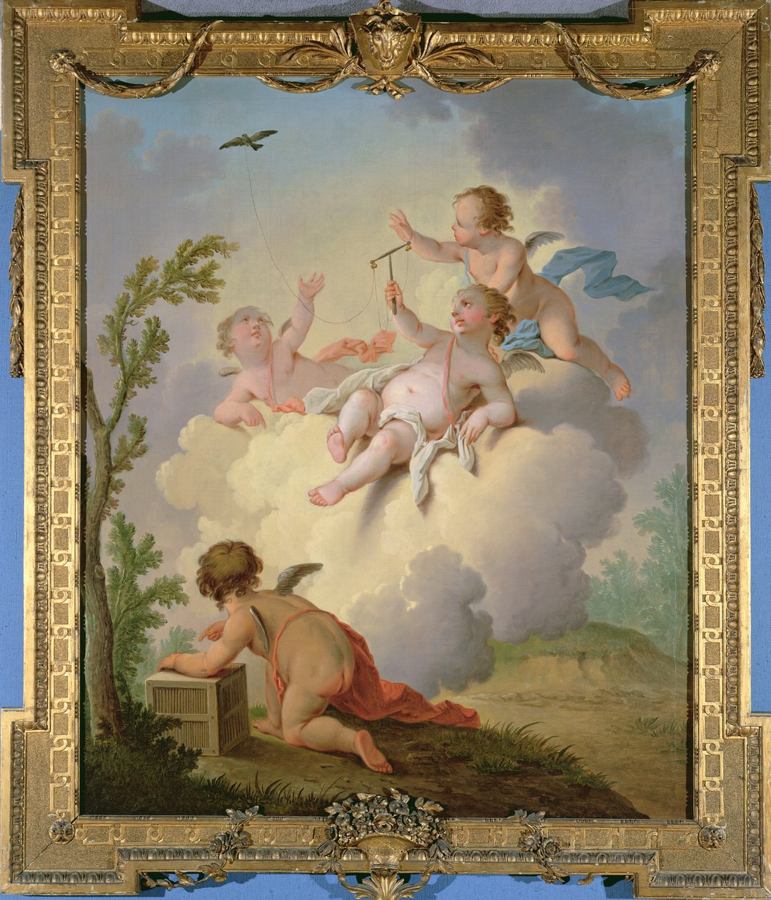 Anges jouant avec un oiseau dans un paysage - Hendrik Willem Schweickardt