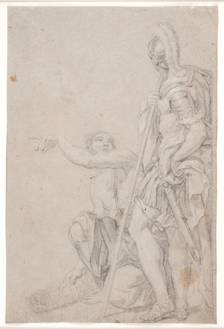 Soldat debout et jeune homme agenouillé et pointant - Hendrik Krock