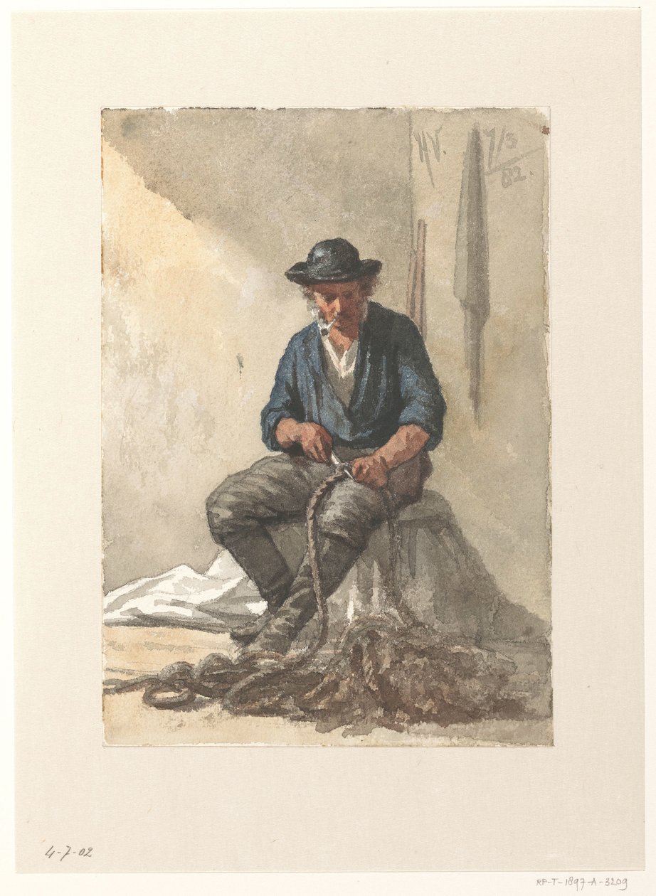 Pêcheur assis travaillant sur une corde - Hendrik Valkenburg