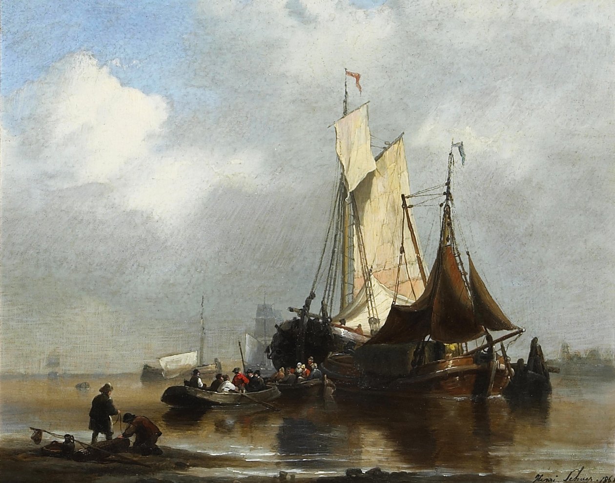 Navires dans un port - Henri Adolphe Schaep