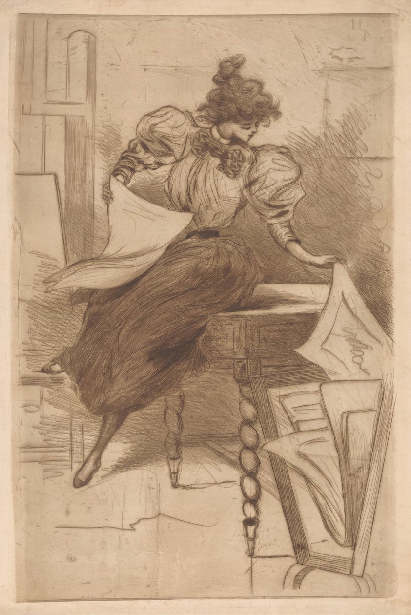 Femme regardant des estampes dans un présentoir - Henri Boutet (possibly)