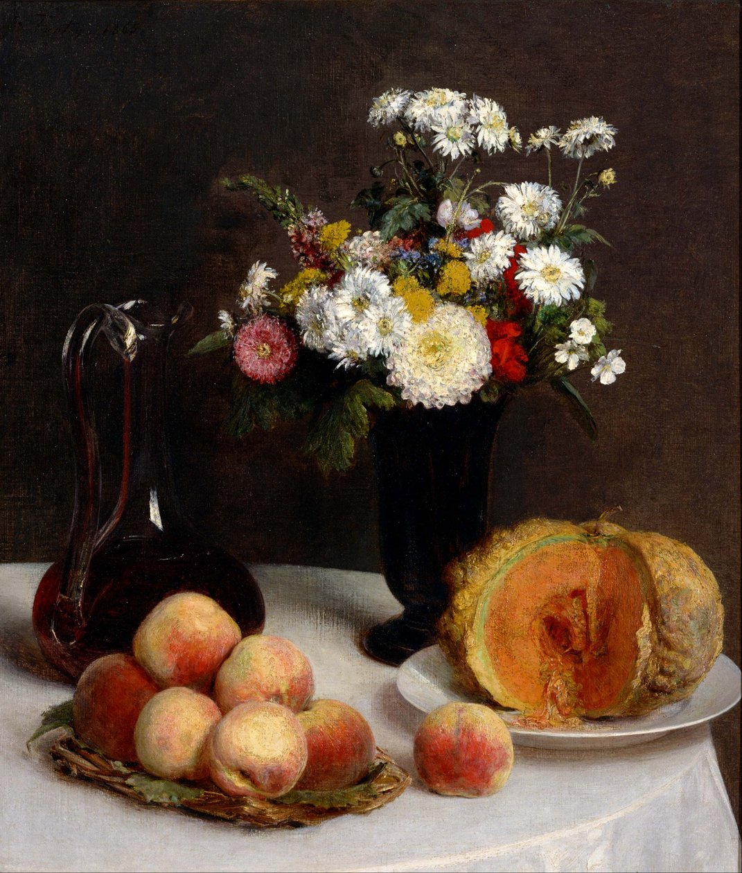 Nature morte avec des fleurs, des fruits et des récipients de vin. - Henri Fantin Latour