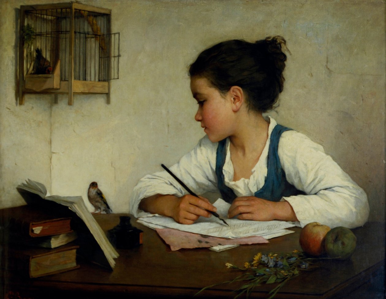 Une fille écrivant; Le chardonneret de compagnie - Henriette Browne