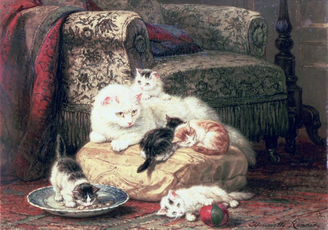 Chat avec ses chatons sur un coussin - Henriëtte Ronner Knip