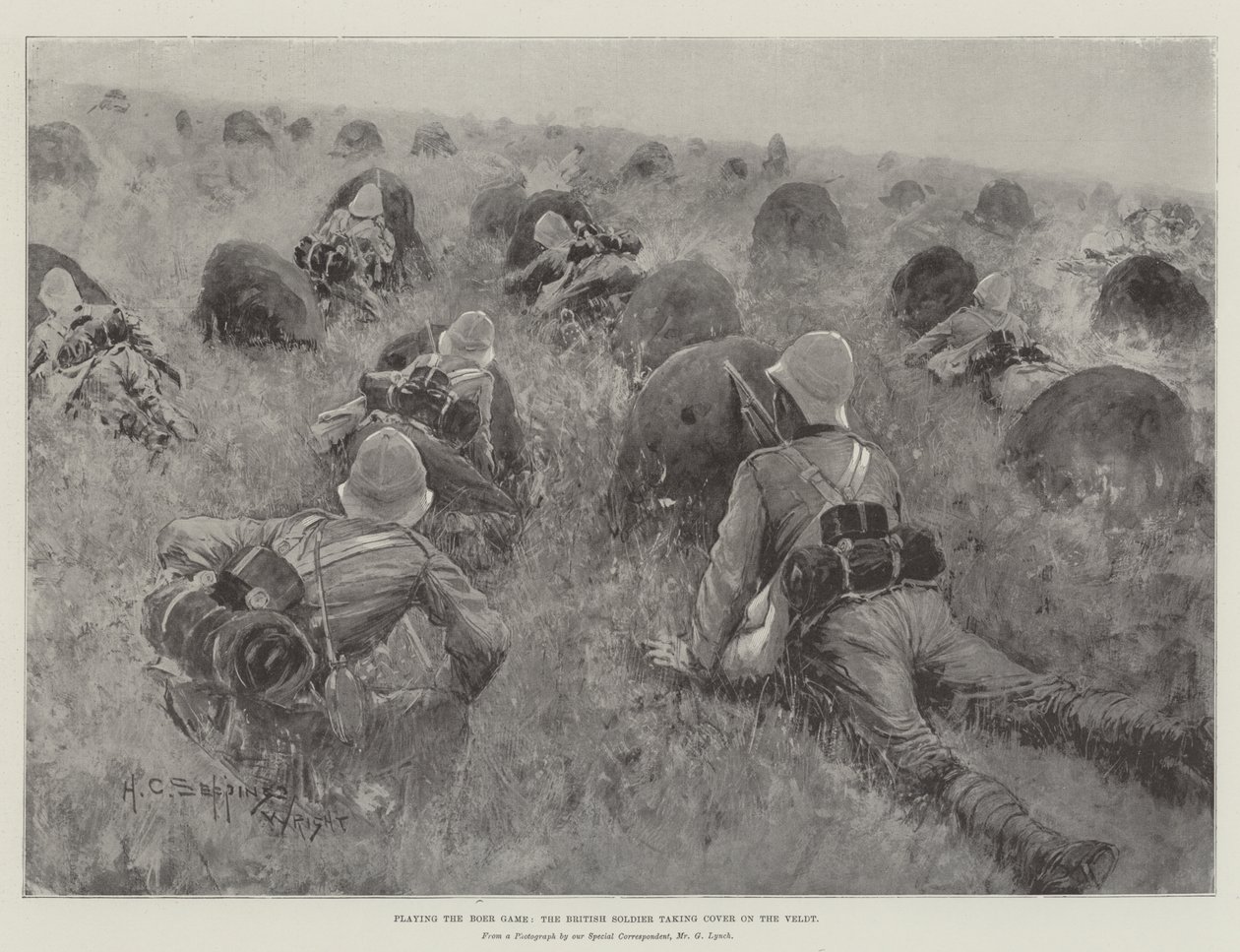 Jouer au jeu des Boers, le soldat britannique se mettant à couvert sur le veld - Henry Charles Seppings Wright