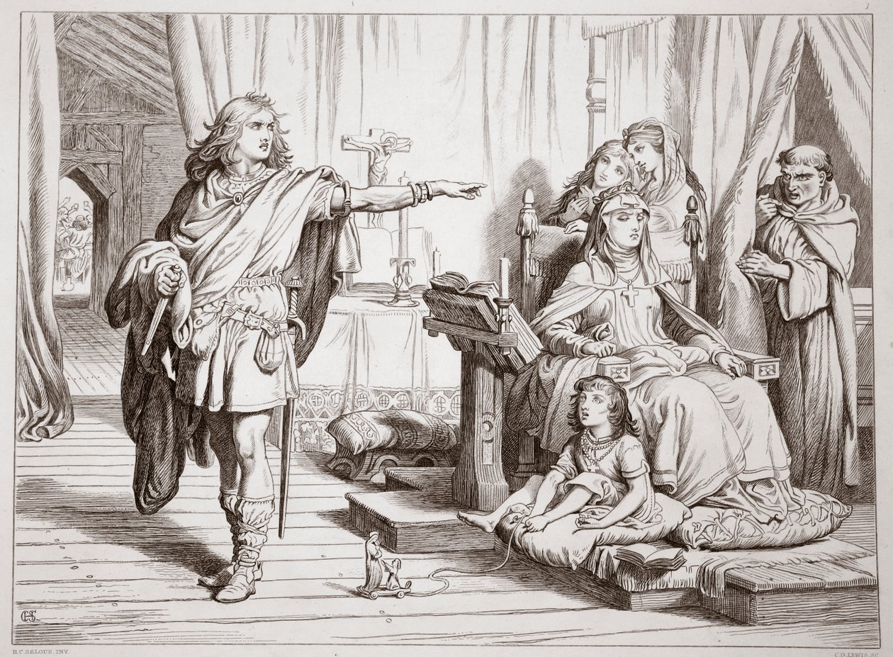 Entretien de Hereward avec sa mère et le prêtre Herluin, illustration de Hereward the Great par Charles Kingsley, pub. 1870, gravé par C.G. Lewis - Henry Courtney Selous