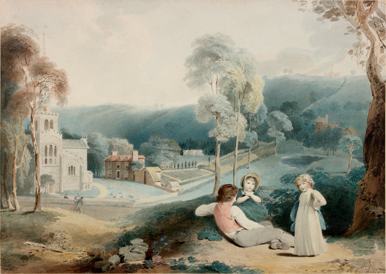 Enfants dans un paysage avec église - Henry James Richter
