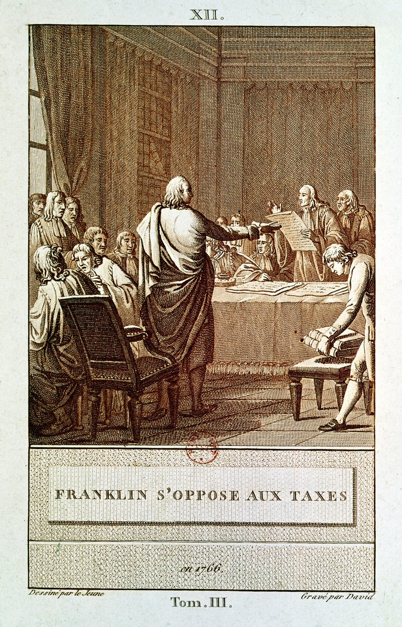 Benjamin Franklin présentant son opposition aux taxes en 1766, gravé par David - Henry Le Jeune