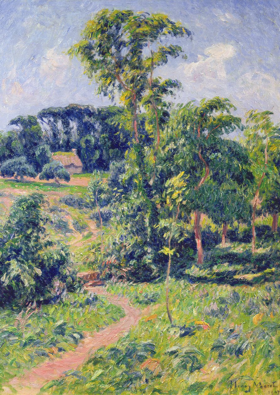 Paysage avec arbres et chemin menant à un cottage - Henry Moret