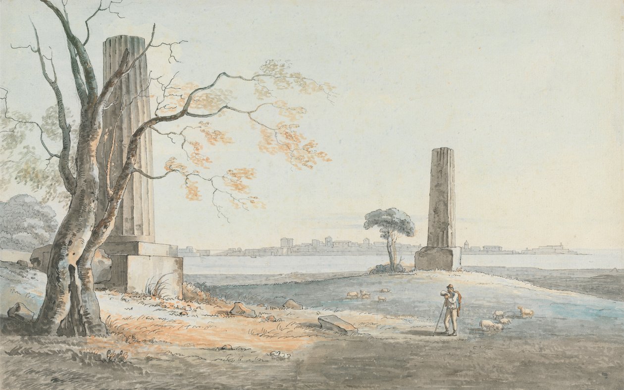Vestiges du temple de Jupiter Olympien avec vue sur Ortygie, Syracuse - Henry Tresham
