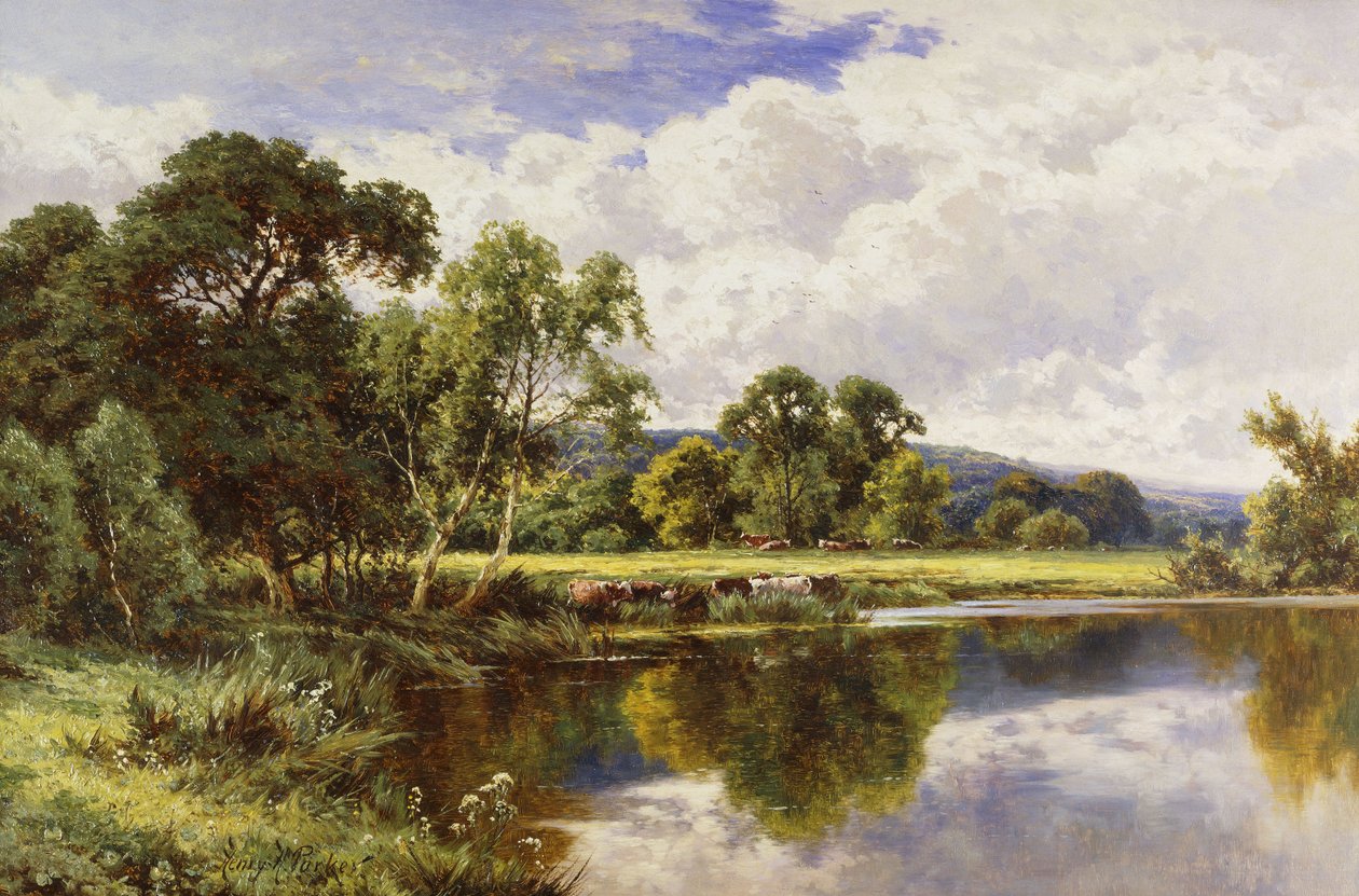 Paysage fluvial boisé avec du bétail - Henry Parker