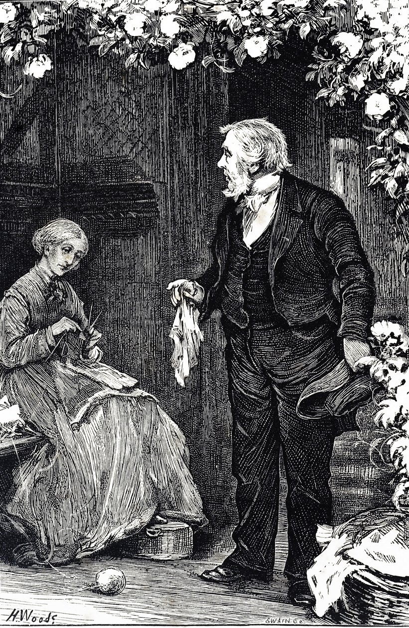 Gravure représentant une femme tricotant - Henry Woods
