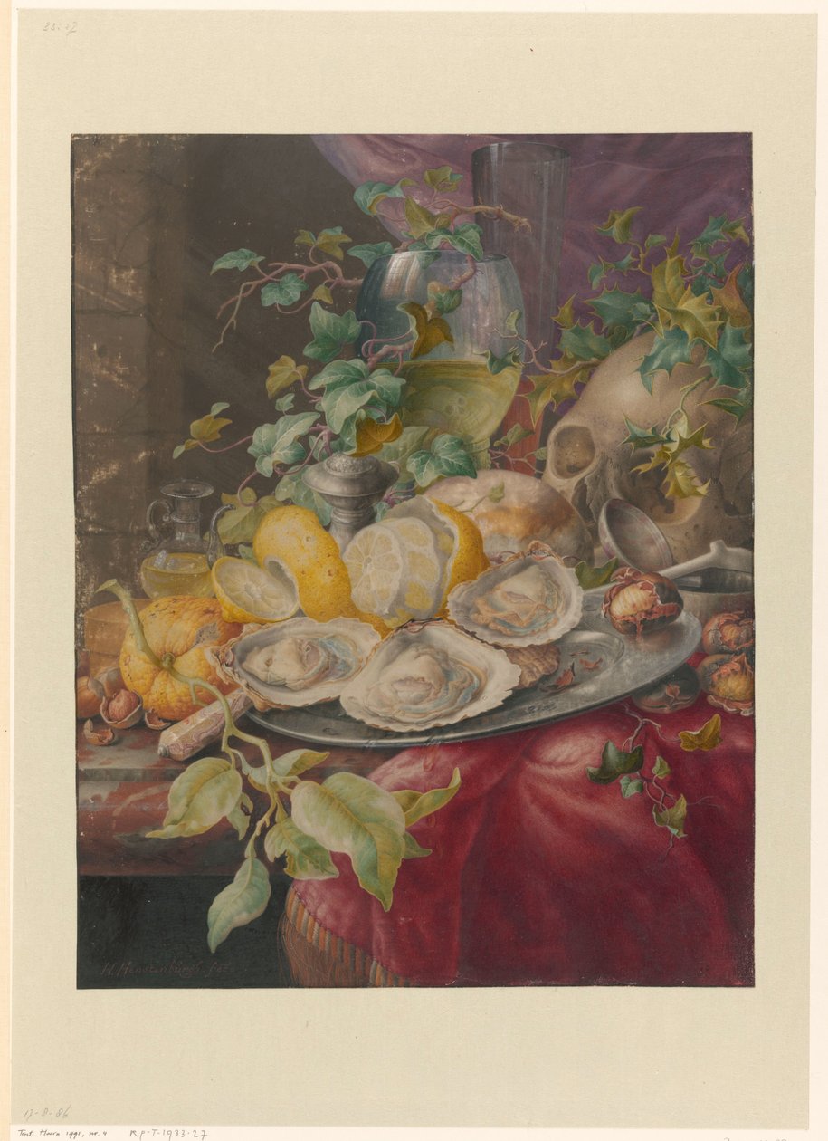 Nature morte de vanité avec huîtres et crâne - Herman Henstenburgh