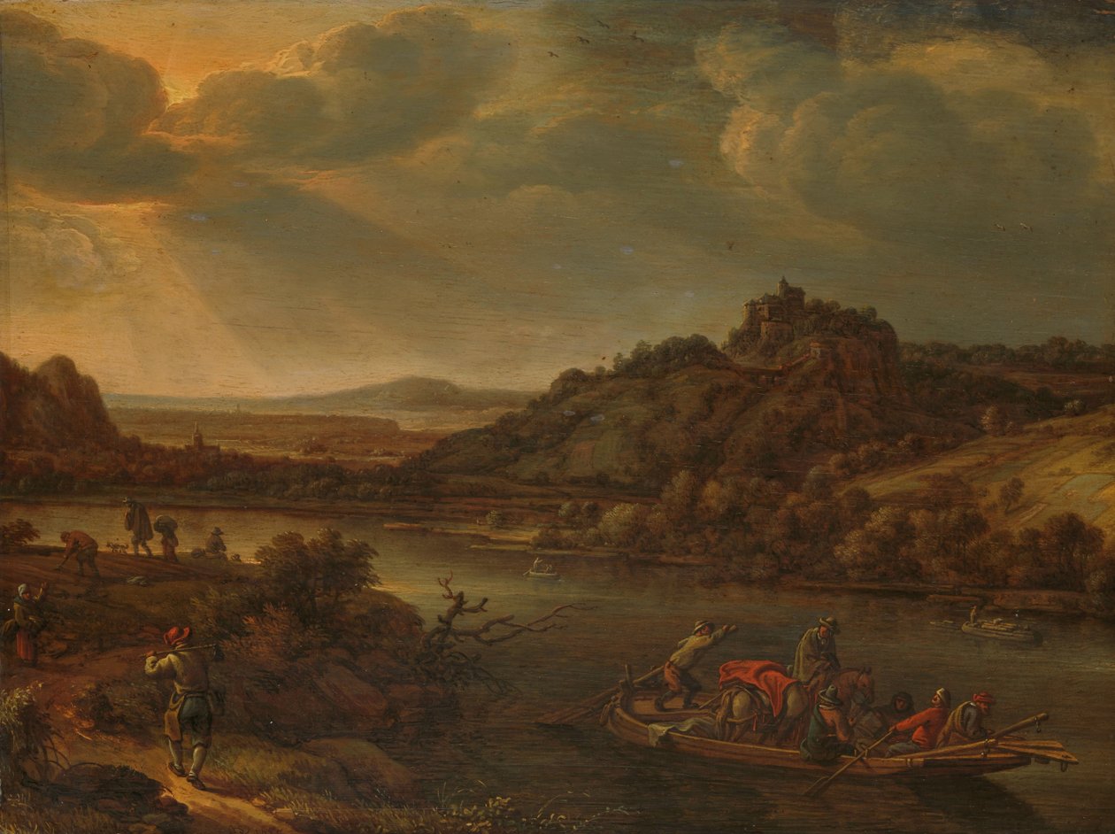 Vue de rivière avec ferry - Herman Saftleven