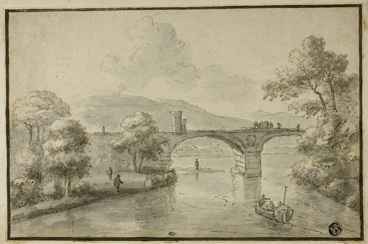 Rivière avec pont en arc et bateau - Herman van Swanevelt