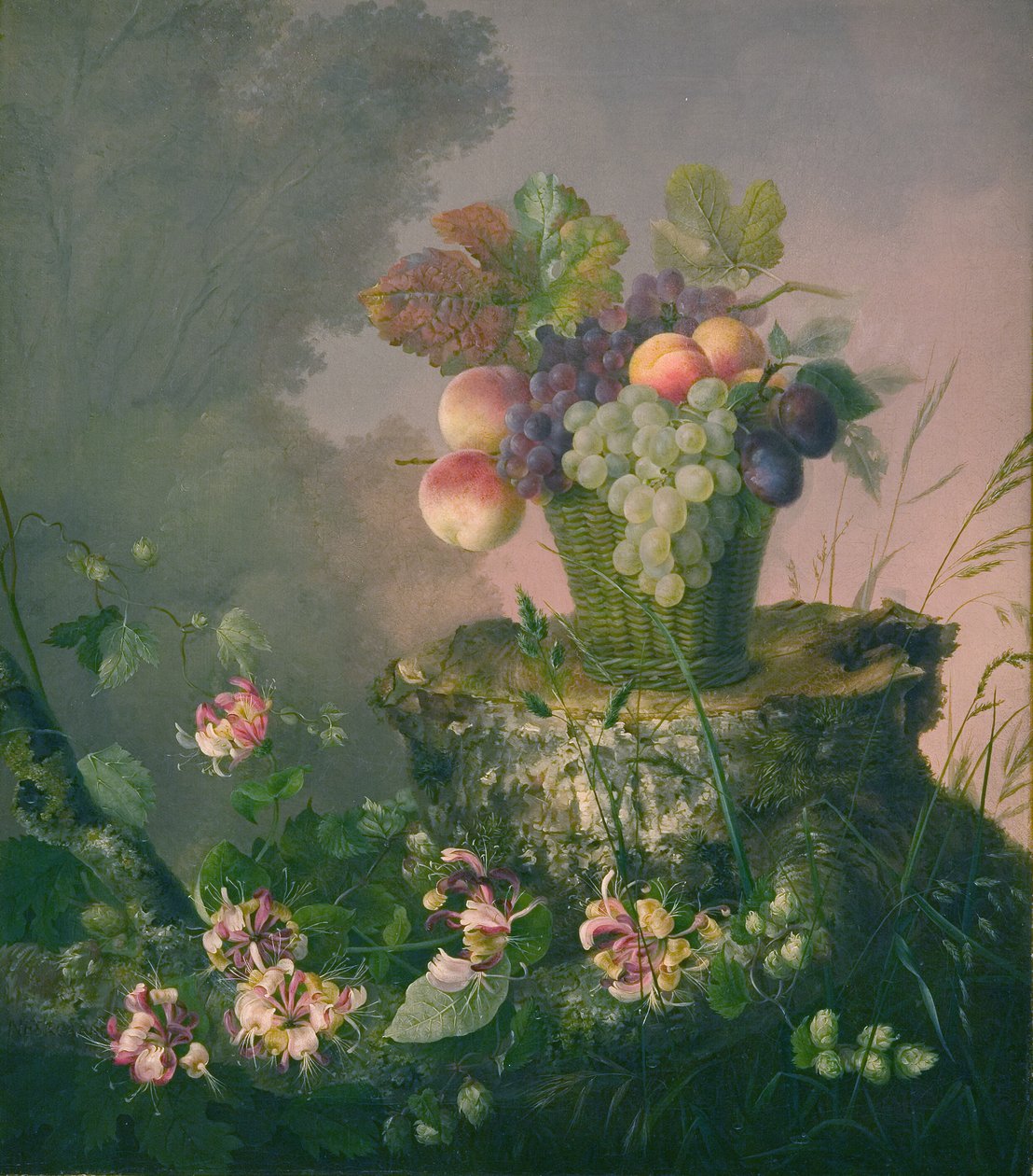 Panier de fleurs avec fruits près d
