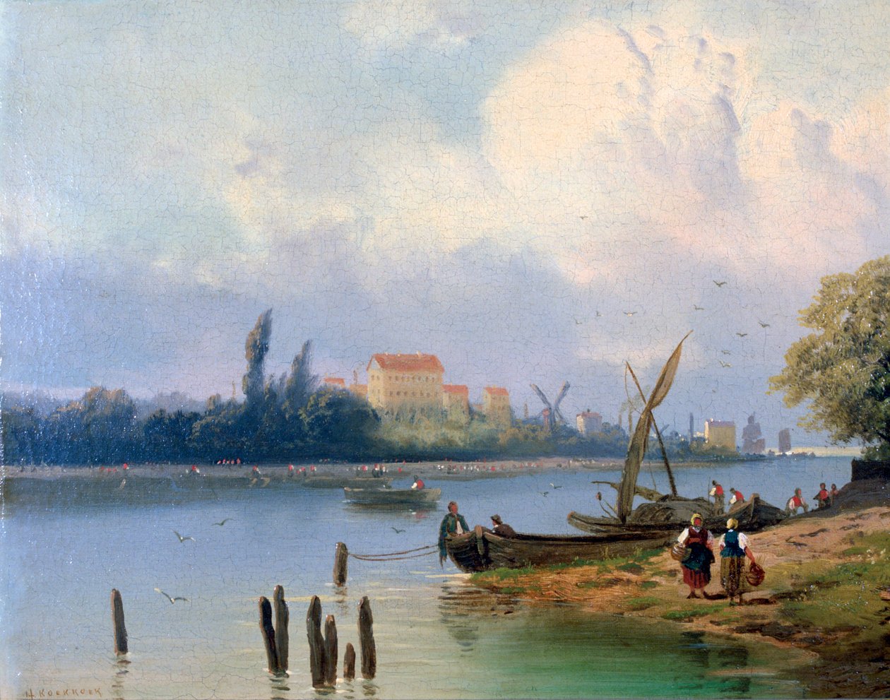 Personnes près des bateaux en Hollande, vers 1835-1882 - Hermanus Koekkoek