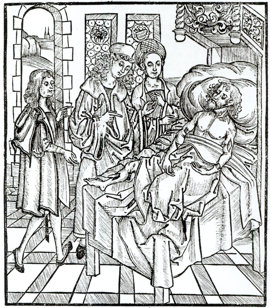Chirurgien et assistants visitant un homme grièvement blessé, de 