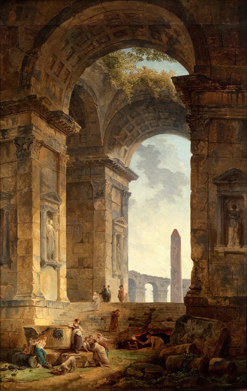 Ruines avec un obélisque au loin - Hubert Robert