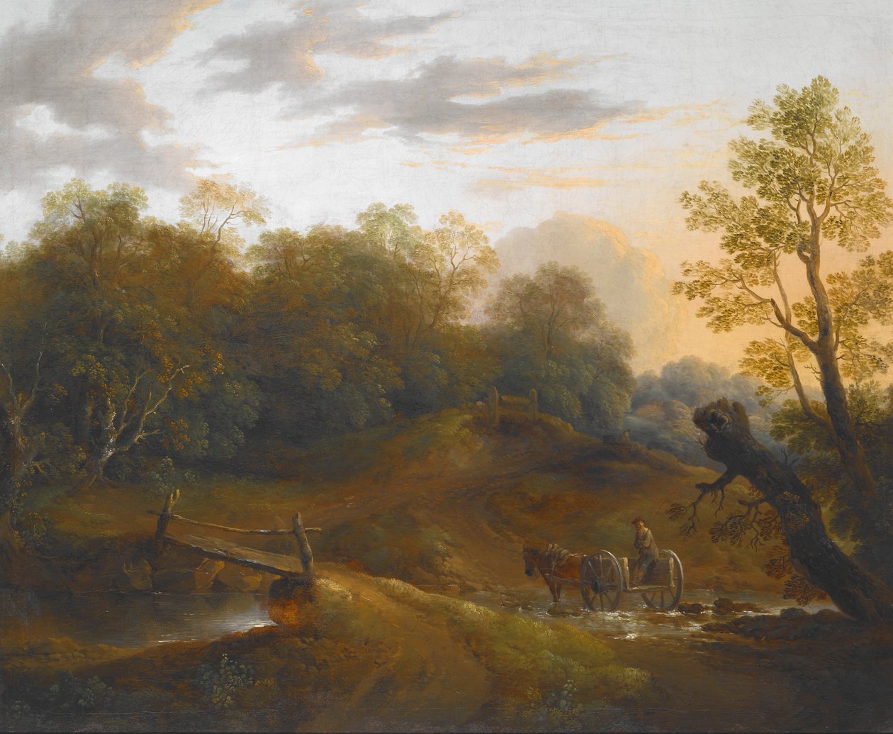 Charrette de poney traversant un ruisseau boisé - II Barker Benjamin