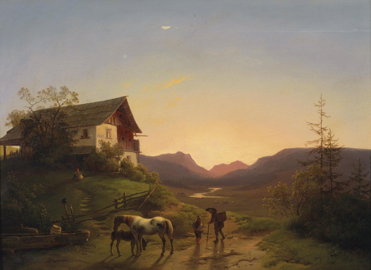 Crépuscule devant un vaste paysage avec des chevaux - Ignaz Raffalt