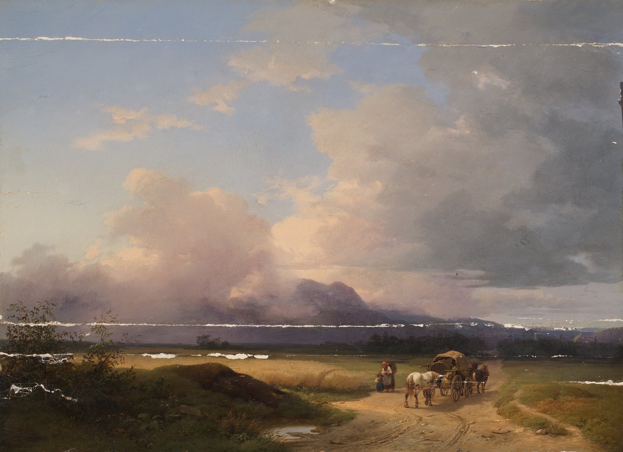 Paysage préalpin avec charrette sur la route - Ignaz Raffalt