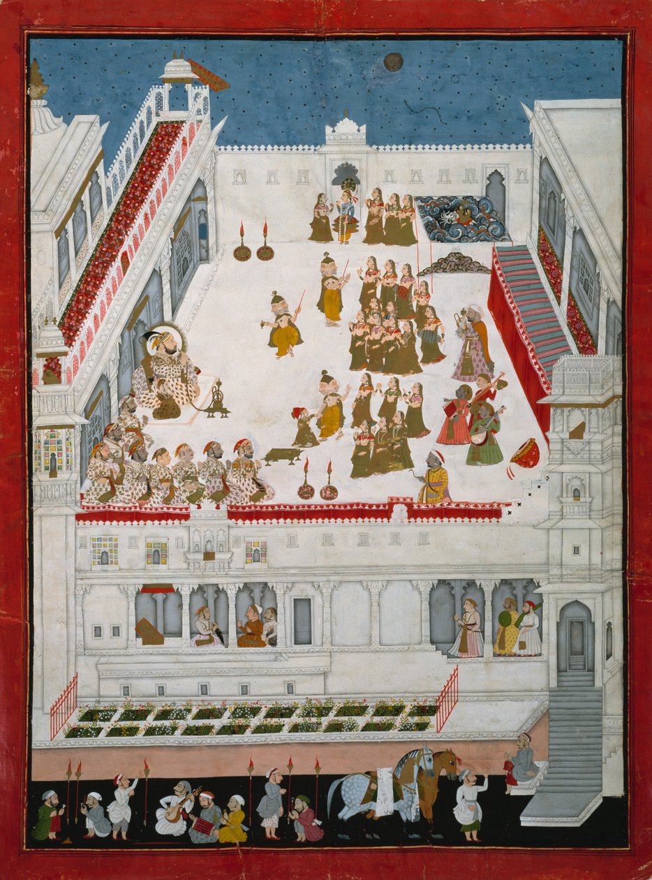 Maharana Jagat Singh II et nobles regardant les drames de danse Raslila, vers 1736-40 - Indian School