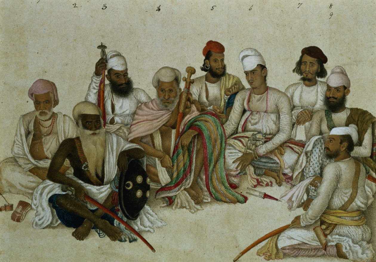 Neuf courtisans et serviteurs du Raja Patiala, c.1817 - Indian School