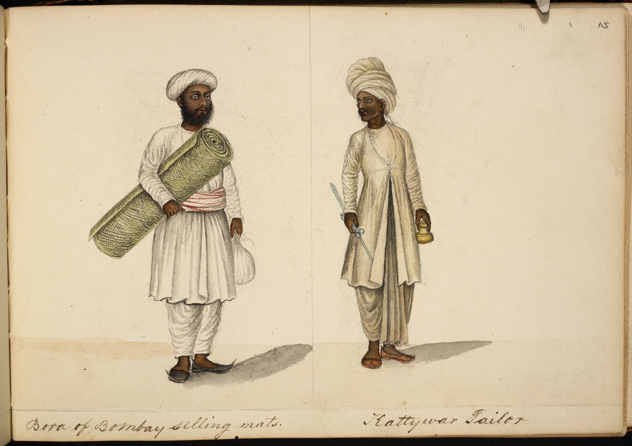 Vendeur de tapis Bohori; tailleur de Kathiawar - Indian School