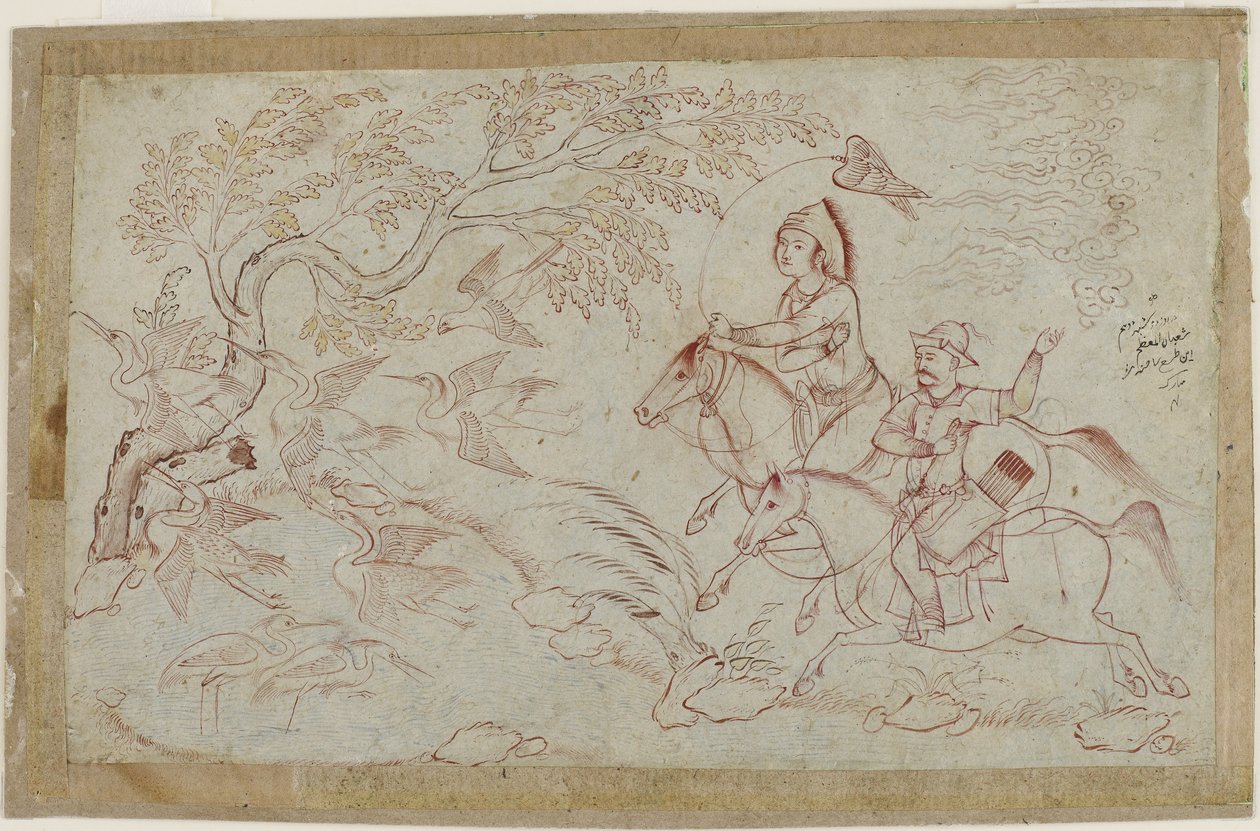 Deux cavaliers chassant avec un faucon, années 1640 - Iranian School
