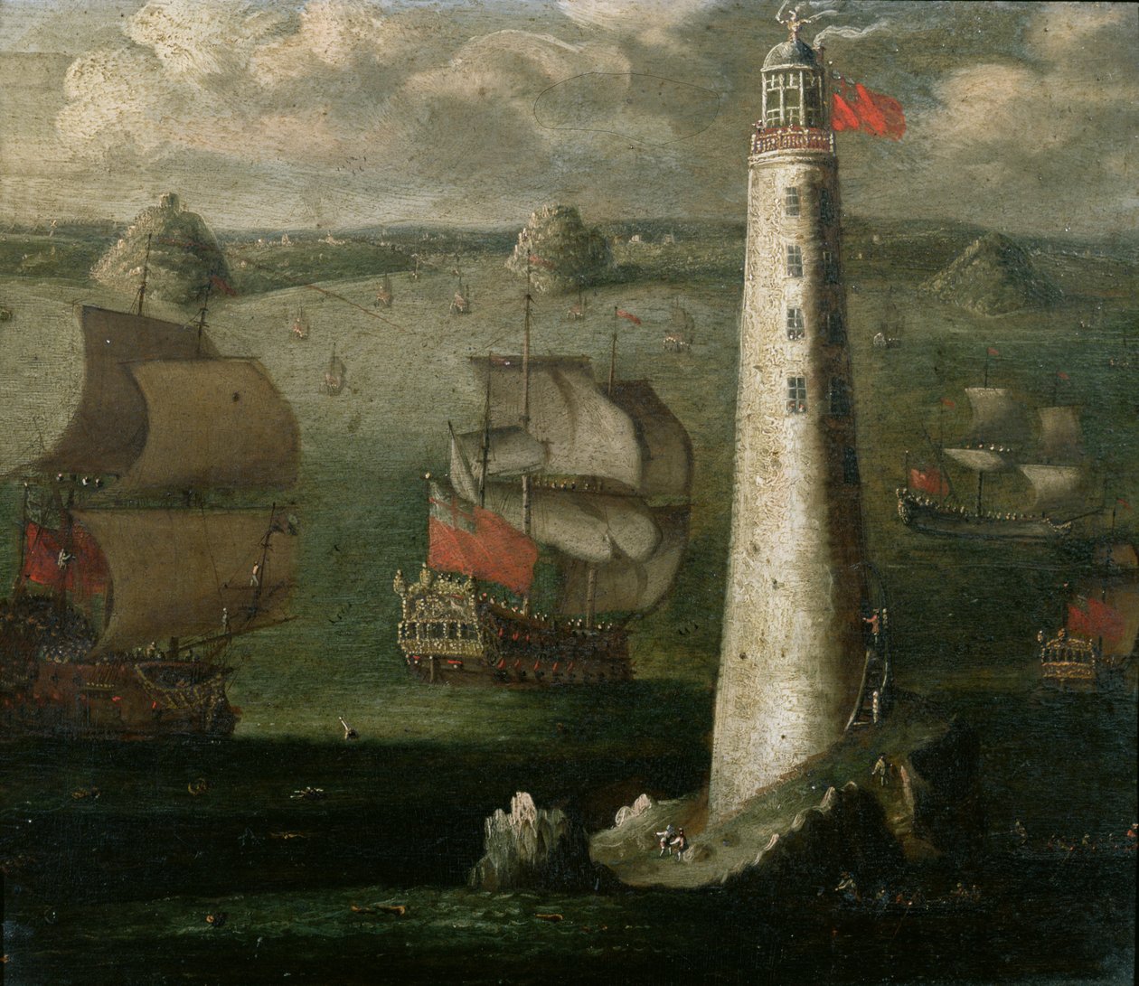 Navires de guerre et autres navires devant le phare d