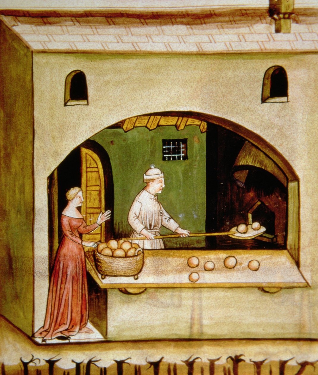 Cuisson du pain blanc, illustration du Tacuinum Sanitatis Codex Vindobonensis - Italian School