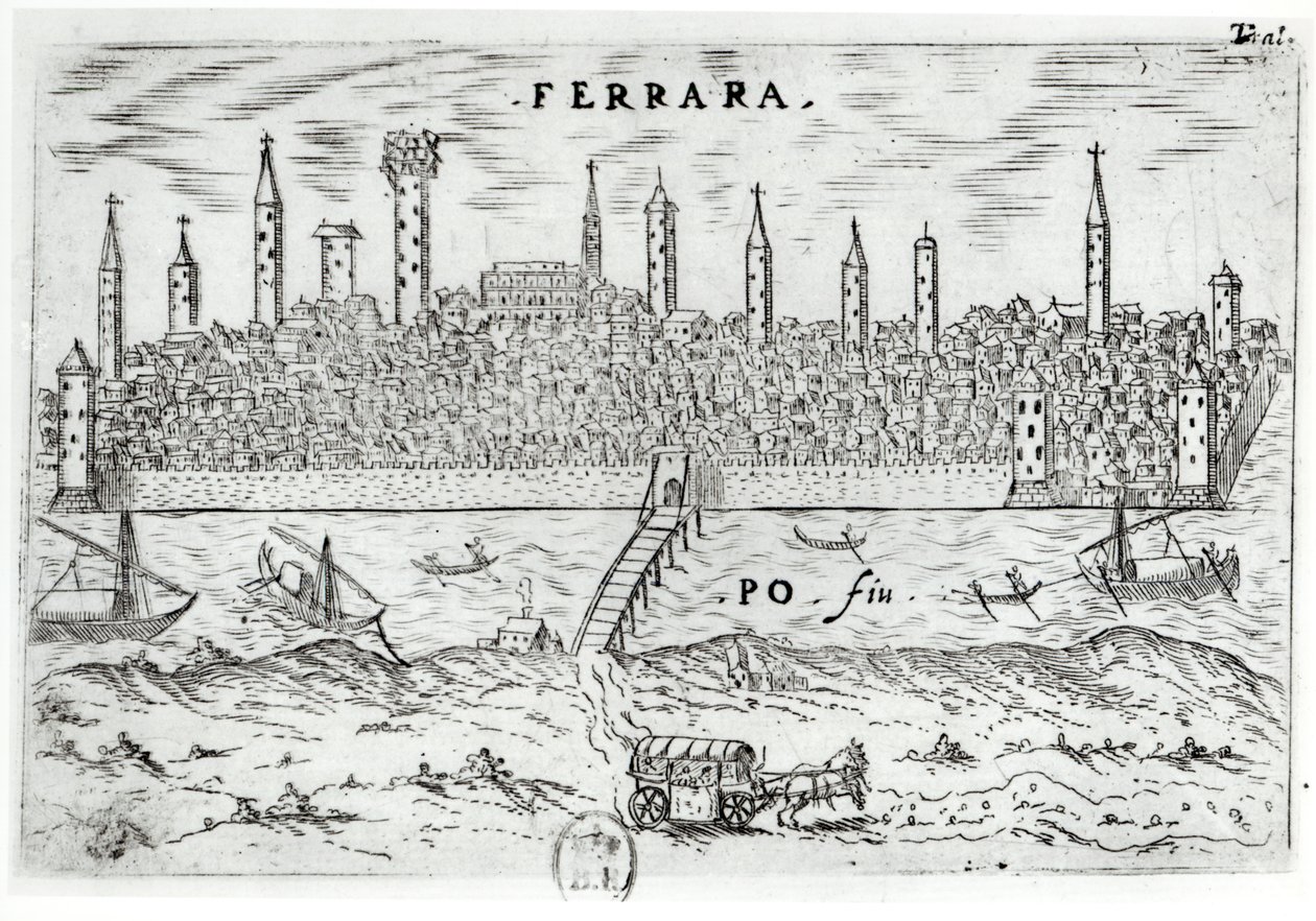 Vue panoramique de Ferrare depuis la rive opposée du fleuve Pô - Italian School