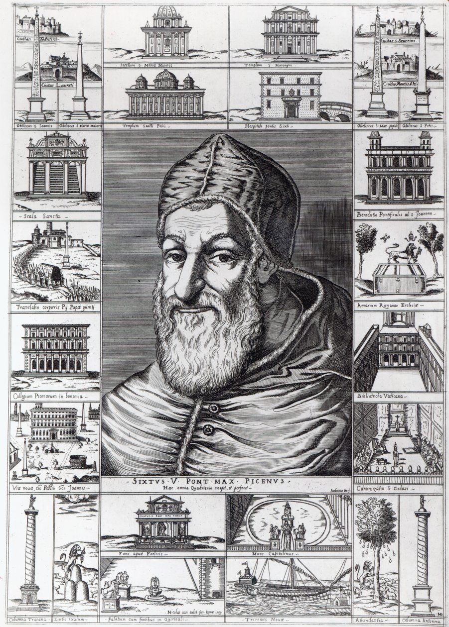 Le pape Sixte V, entouré des églises, bâtiments et monuments construits ou restaurés pendant son pontificat, gravé par Ambrosius, 1589 - Italian School