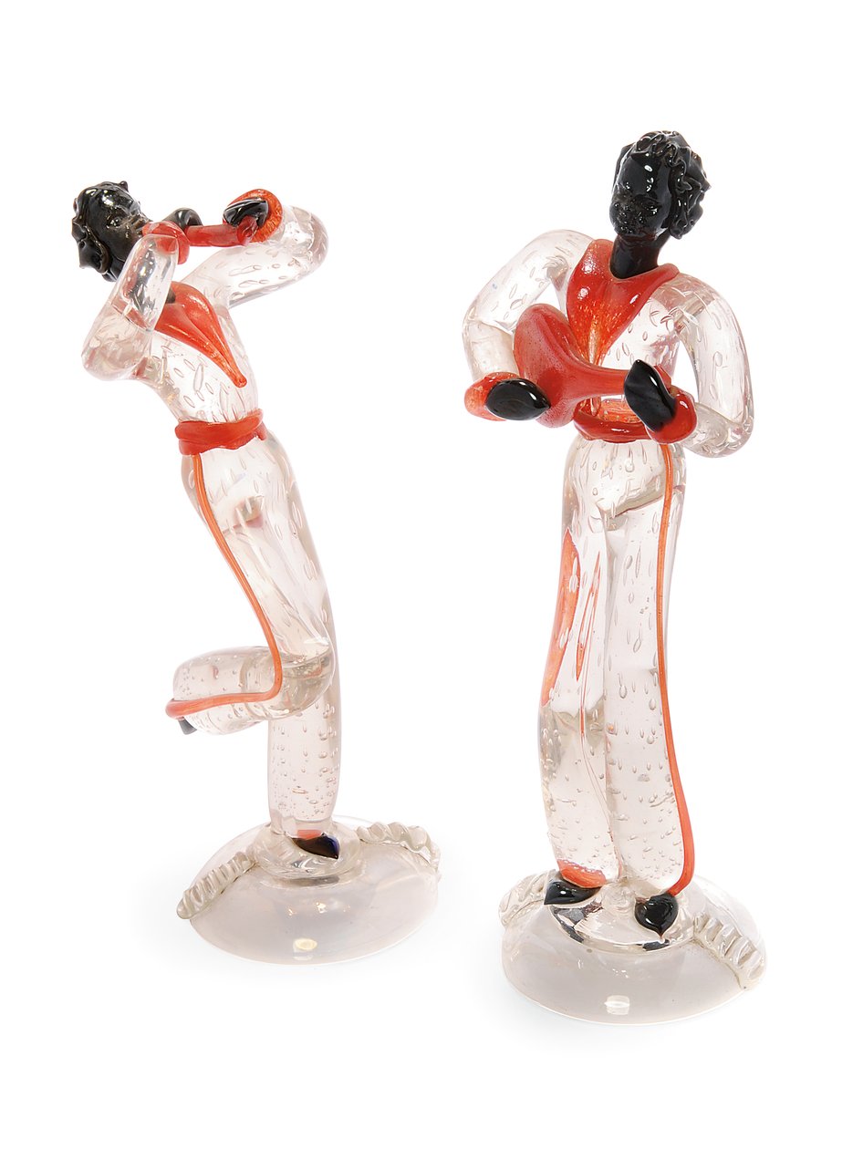 Figures de ménestrel Blackamoor, vers 1938 (verre) - Italian School